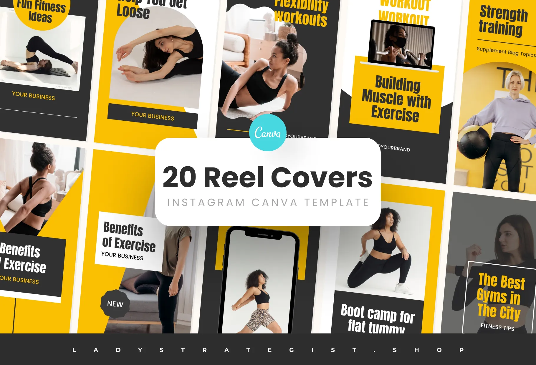 20 Power Yellow Instagram Reel Covers Gym Canva Templates