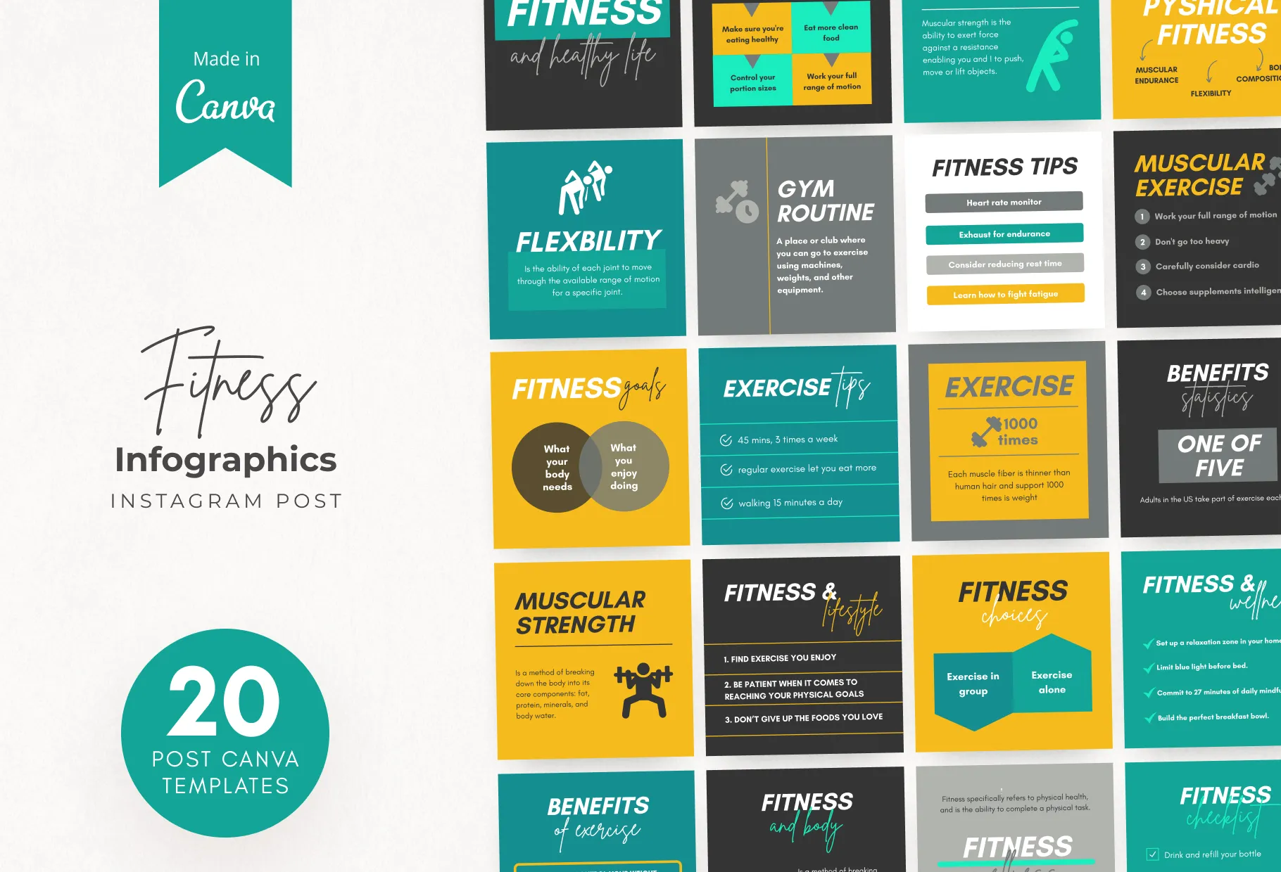 20 Fitness Infographics Instagram Posts Fully Editable Canva Templates V2