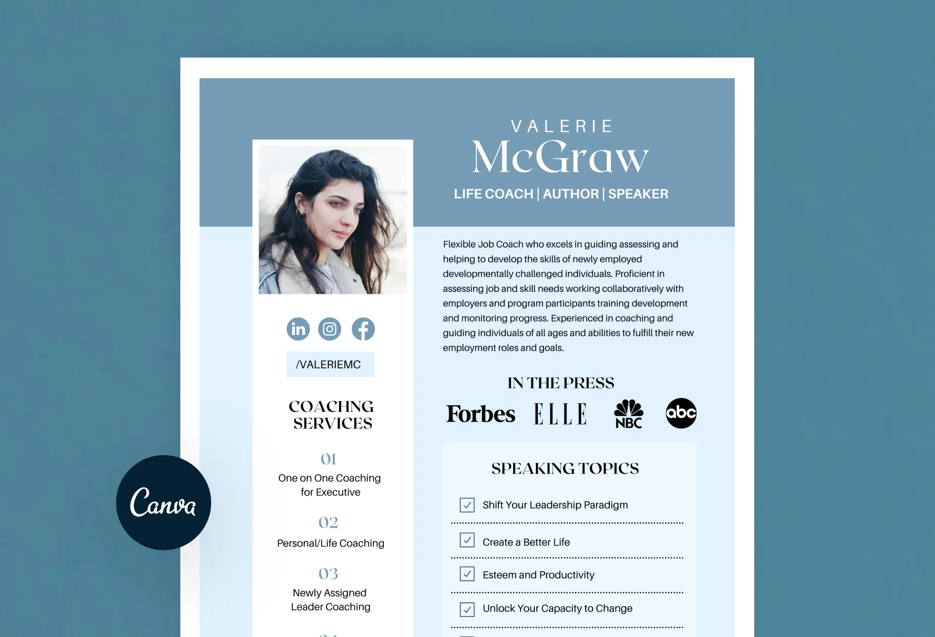 Valerie Speaker One-Sheet Canva Template