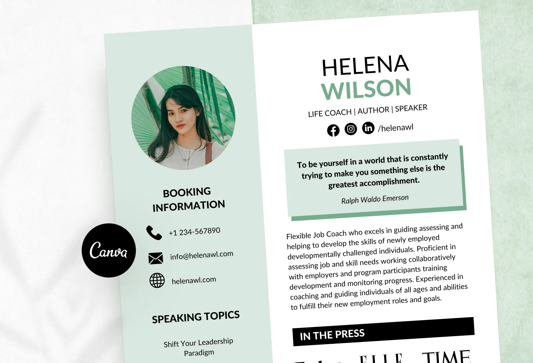 Helena Speaker One-Sheet Canva Template