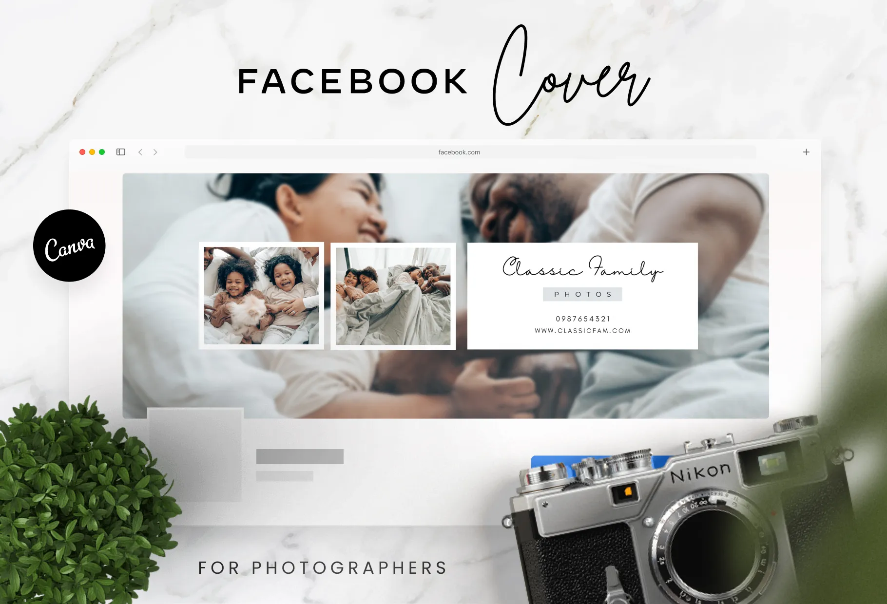 Classic Family Photos Facebook Cover for Photographers Editable Canva Template
