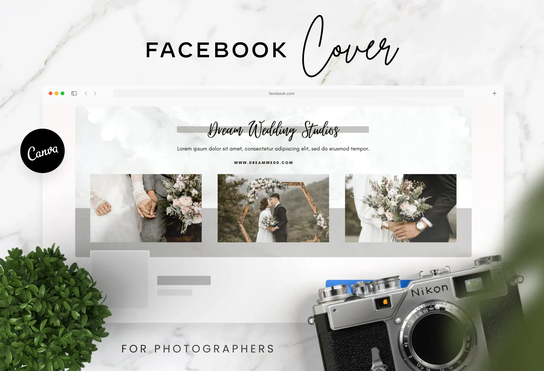 Dream Wedding Studios Facebook Cover for Photographers Editable Canva Template