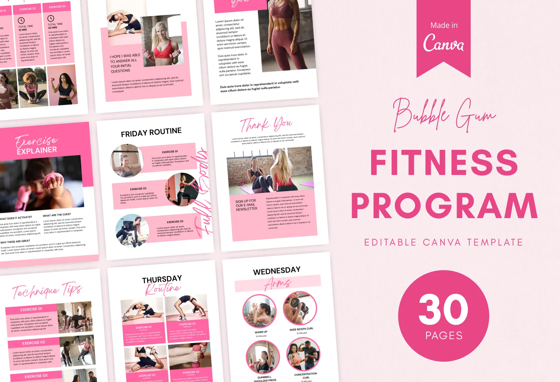 30 Page Fitness Program Template Bubble Gum Editable Canva Template