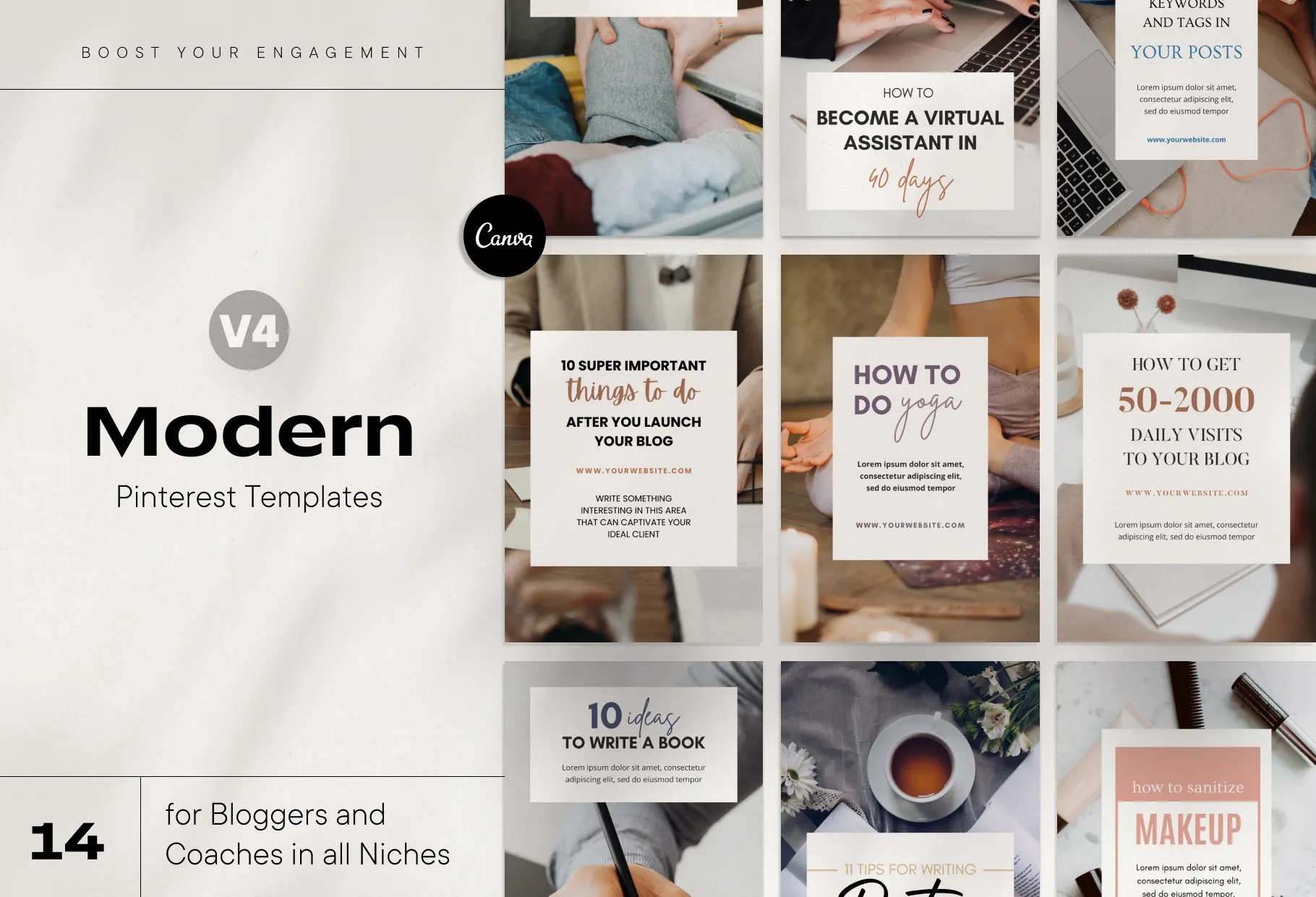 14 Modern Pinterest Templates for Bloggers and Coaches in All Industries Editable Canva Template Pack 04