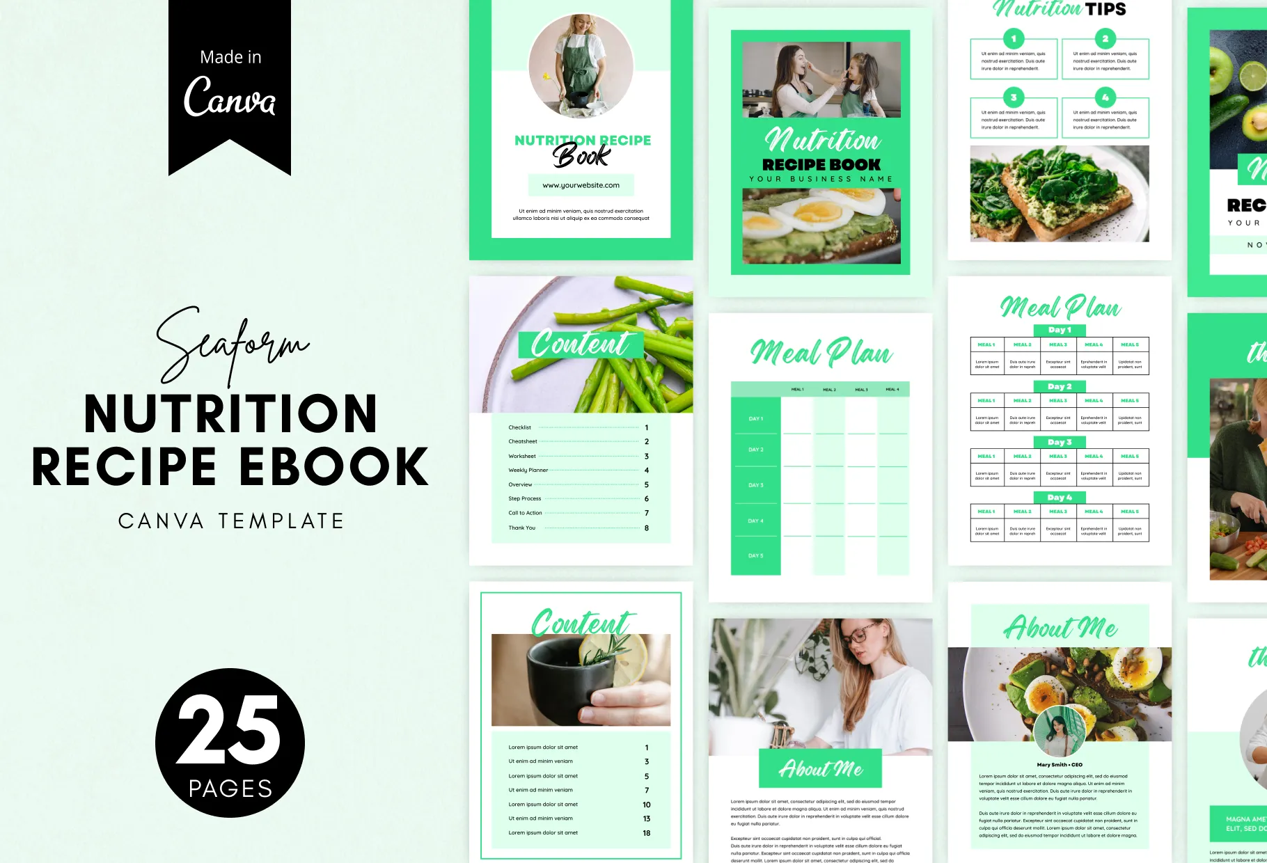 25 Page Nutrition Recipe Ebook Seafoam Editable Canva Templates