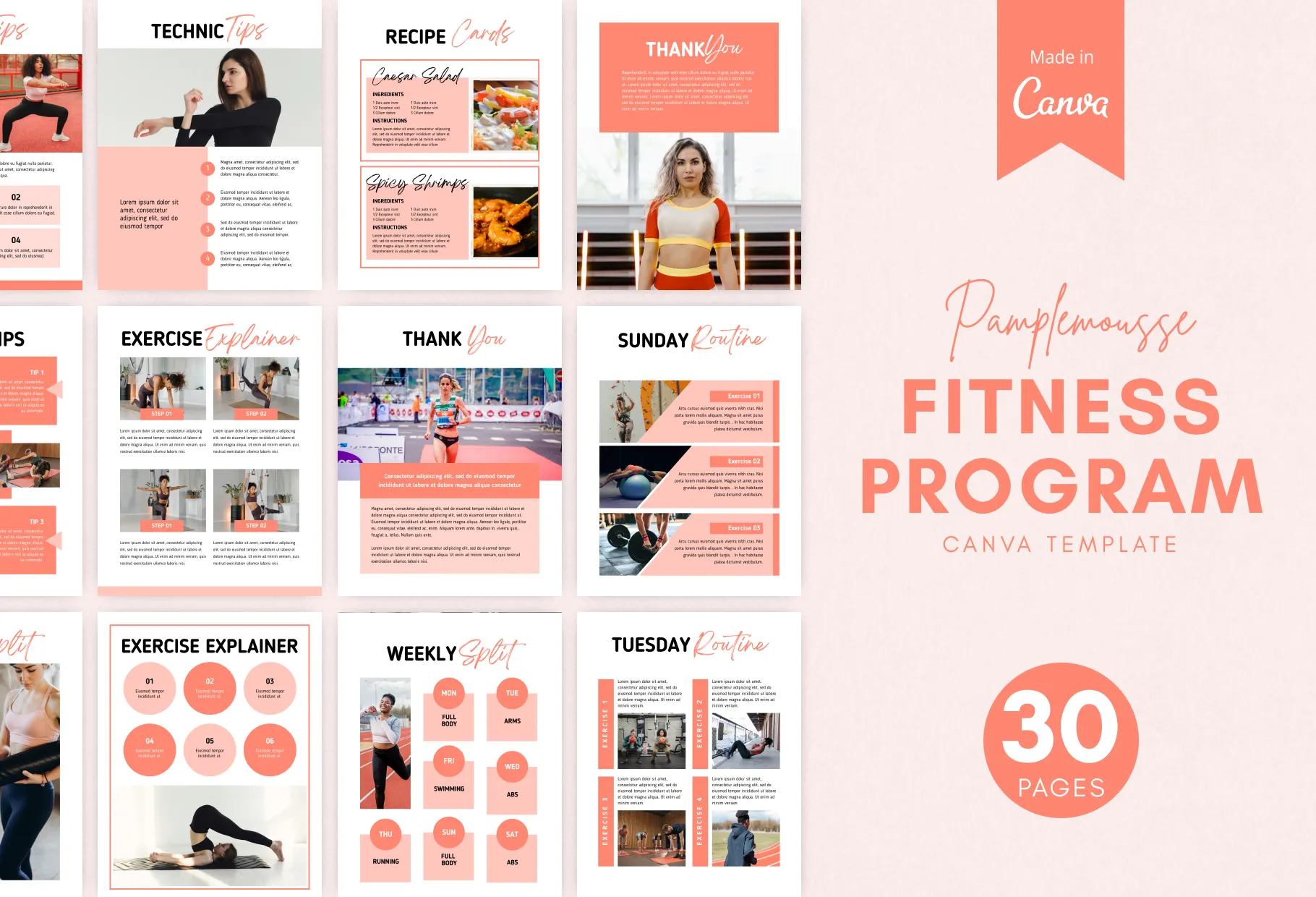 30 Page Fitness Program Template Pamplemousse Editable Canva Templates
