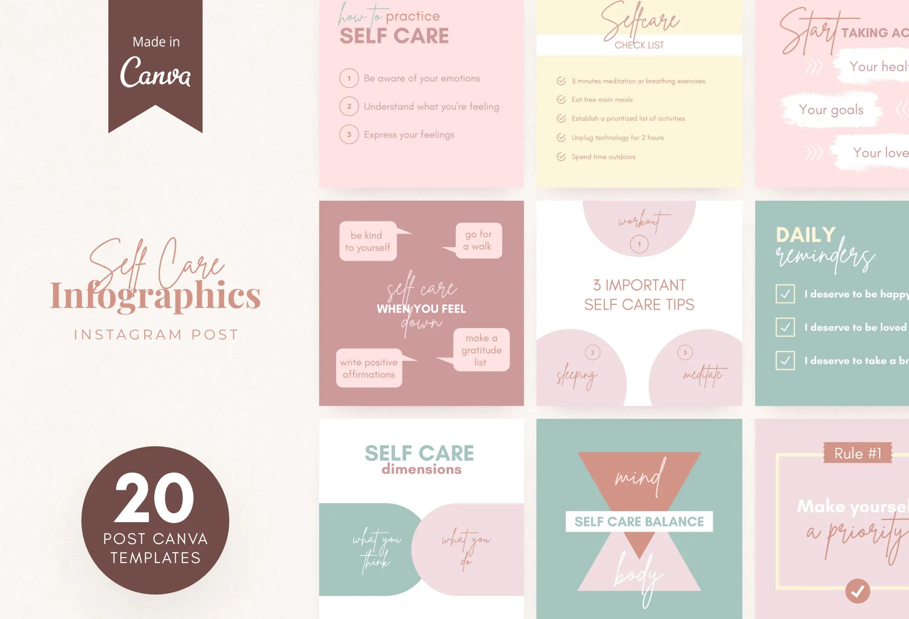 20 Self Care Infographics Instagram Posts Fully Editable Canva Templates