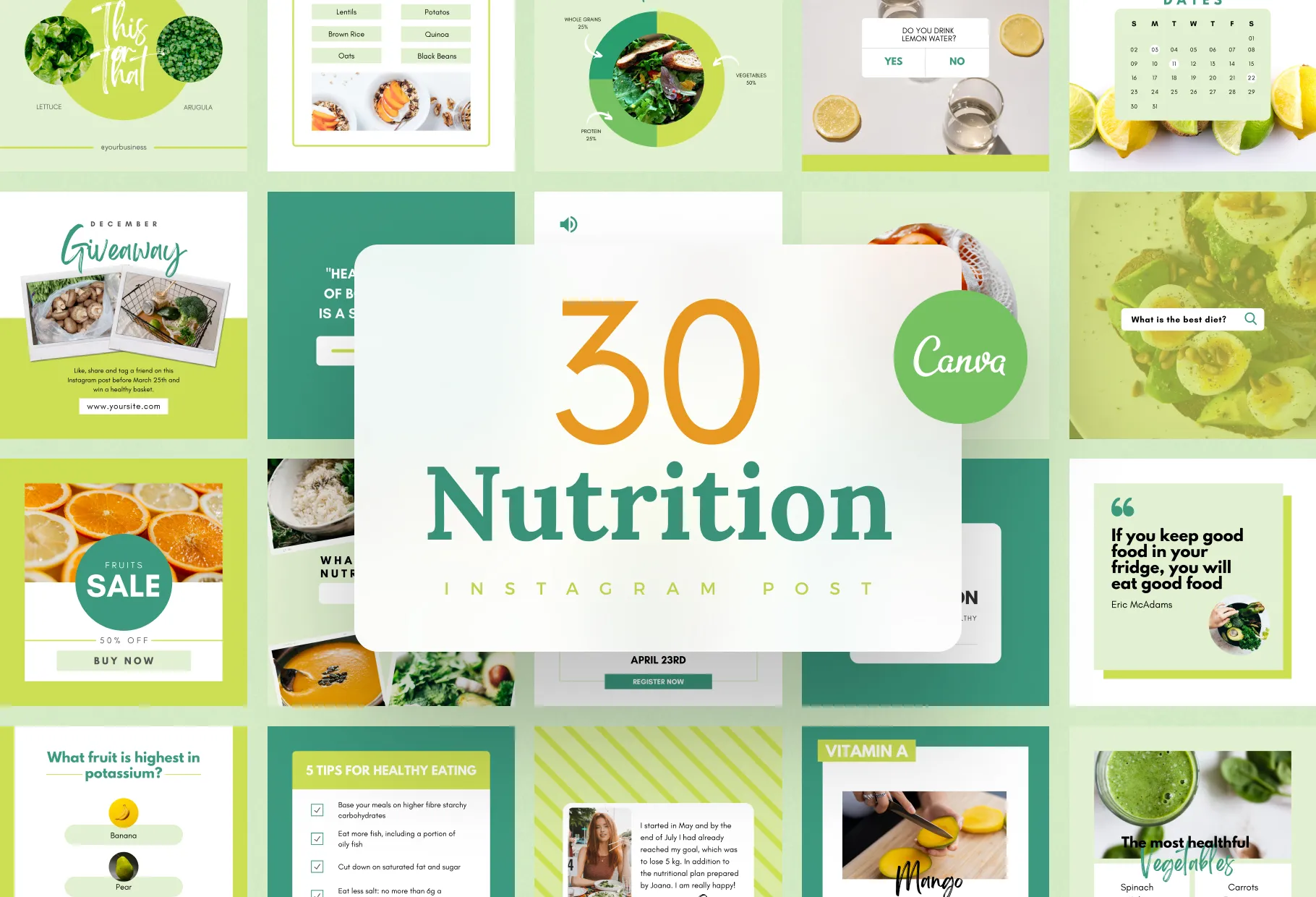 30 Nutrition Instagram Post Editable Canva Templates