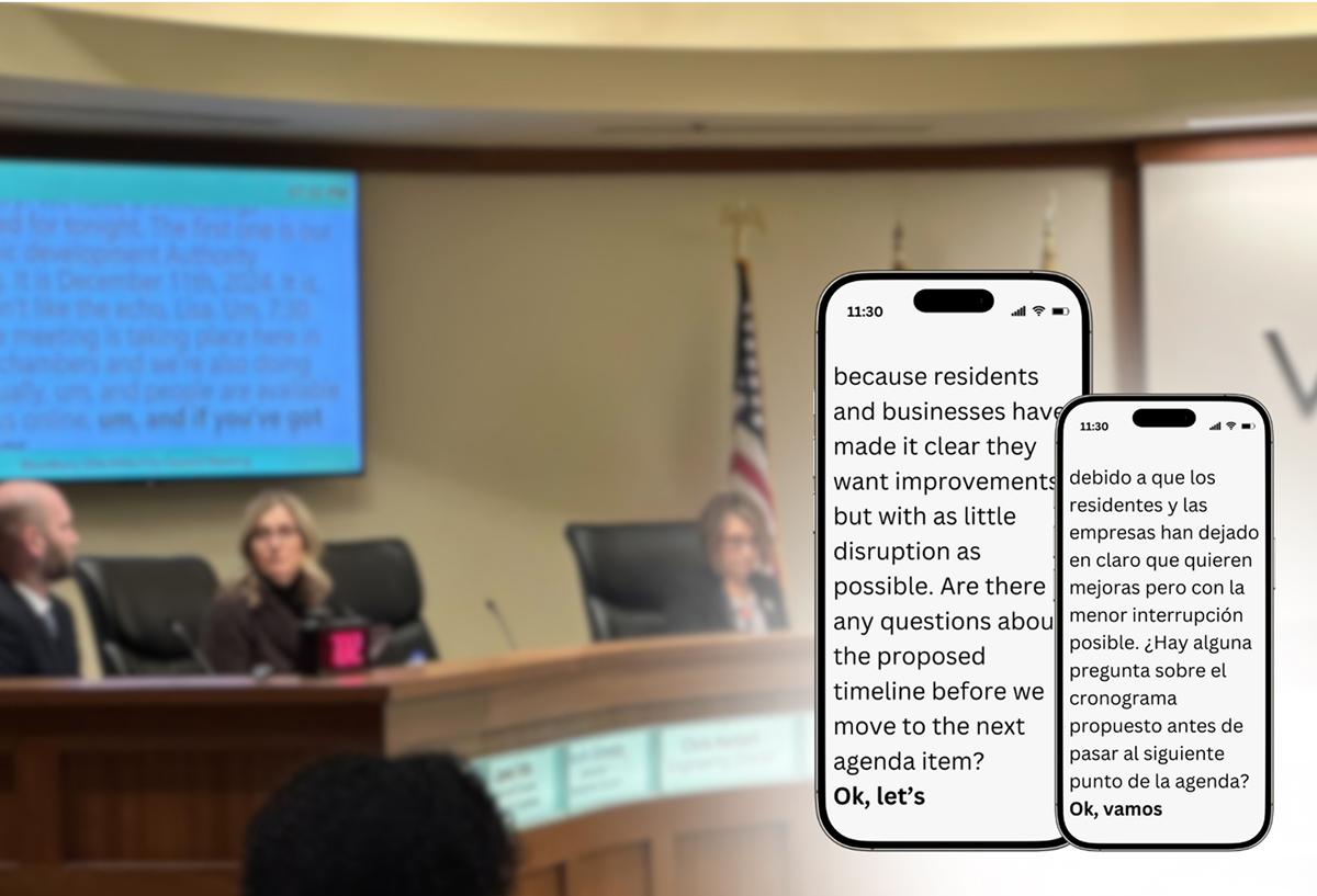 Live translation in action: MediaScribe delivers real-time captions in English and Spanish directly to mobile devices, expanding meeting access for multilingual communities.