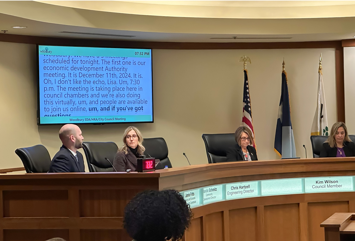 Real-time captions powered by Tightrope’s MediaScribe displayed during a Woodbury City Council meeting, enhancing accessibility for in-room and virtual attendees.