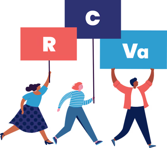 an illustration of three people marching and carrying signs that spell R-C-Va