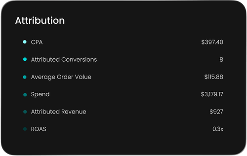Attribution dashboard displaying CPA, attributed conversions, average order value, spend, attributed revenue, and ROAS