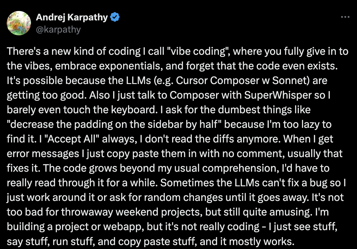 바이브 코딩 단어 창시자 안드레이 카파시 X 포스팅