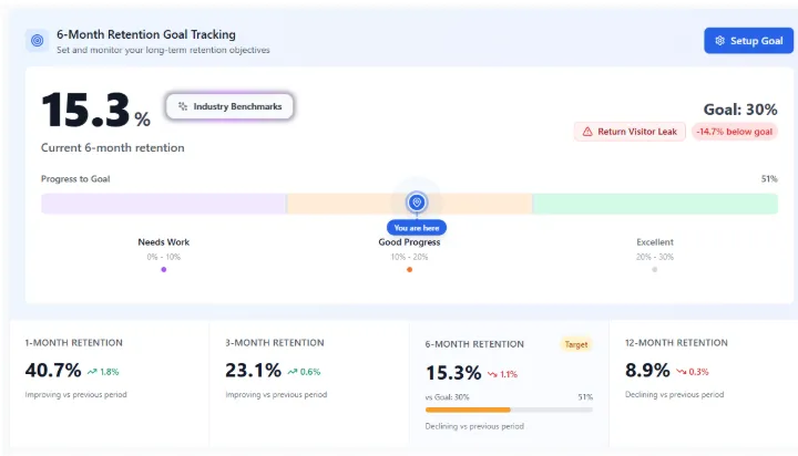 Dashboard showing 6-month retention at 15.3%, with target set at 30% and a visible visitor leak.