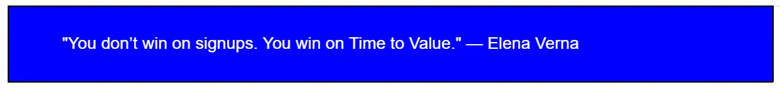 Blue banner with white text that reads: "You don’t win on signups. You win on Time to Value." — Elena Verna