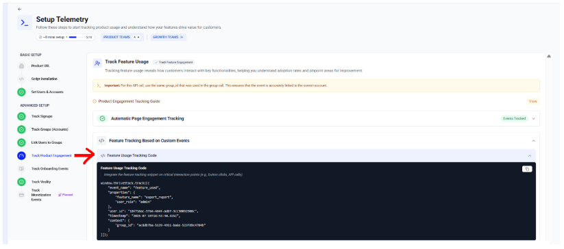 Setup telemetry screen with feature tracking code for custom event integration.
