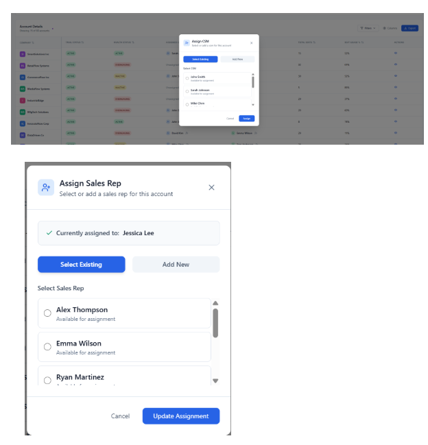Interface to assign sales rep showing current and available representatives