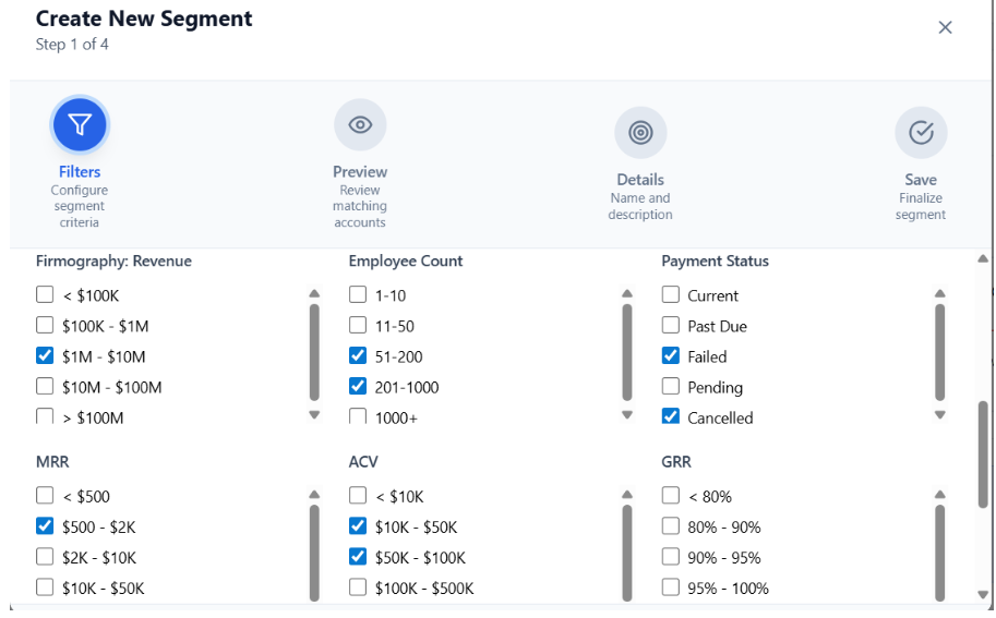Segmentation setup showing filters for revenue, employee count, and payments