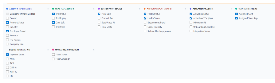 Filter options for account info, billing, trial, subscription, and health