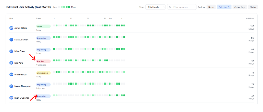 Individual user activity dashboard showing active, improving, inactive, and disengaging SaaS users