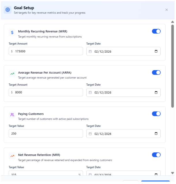 SaaS goal setup dashboard showing MRR, ARPA, paying customers, and NRR targets