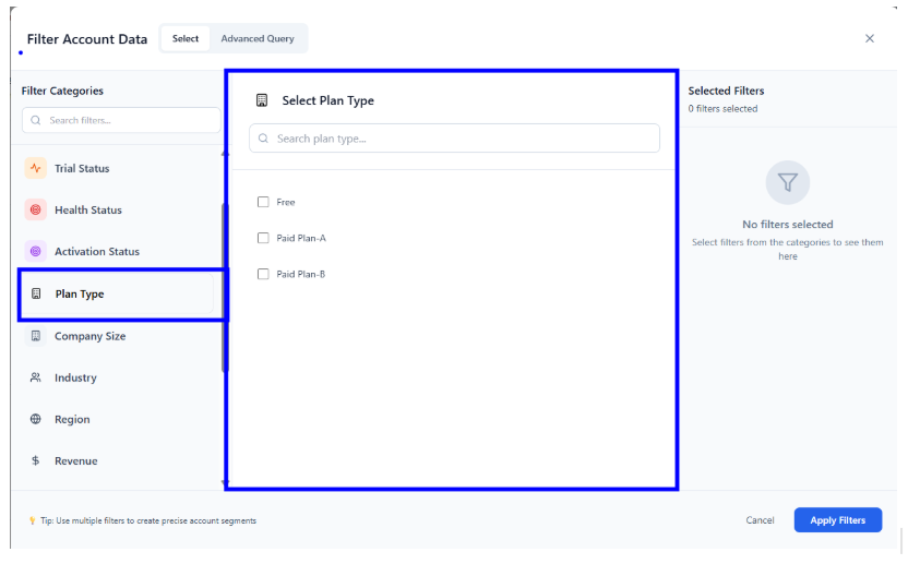 Filter account data by plan type with options for Free, Paid Plan-A, and Plan-B
