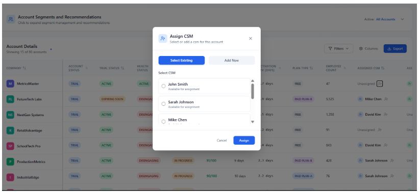 Assign CSM popup showing options to select John Smith, Sarah Johnson, or Mike Chen