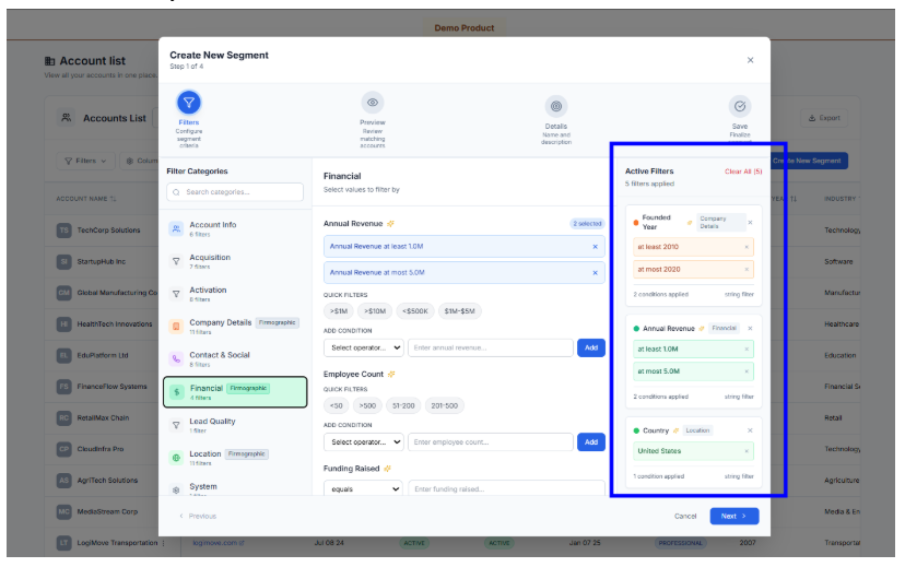 Screenshot of SaaS dashboard showing filters applied to create a new customer segment