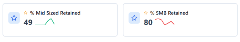 Dashboard showing 49% mid-sized customer retention and 80% SMB retention rates