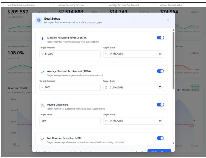 Goal setup dashboard for setting MRR, ARPA, paying customers, and retention targets