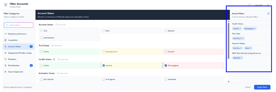 Account filter setup showing active filters by health, plan, payment, and MRR
