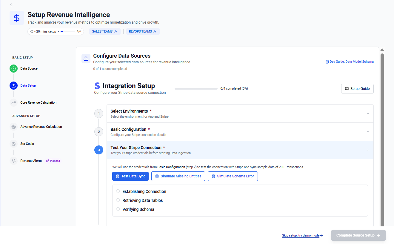 Stripe data source setup screen showing integration steps, sync test, and schema verification.