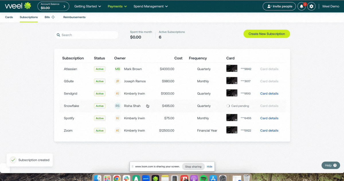 GIF showcasing the ease of managing subscriptions within Weel, including freezing cards, cancelling subscriptions, and editing ownership, all within a user-friendly SaaS Spend Management Tool.