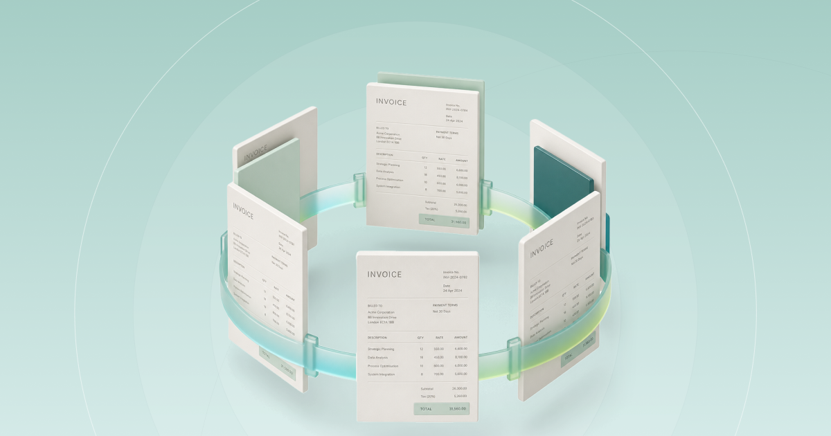 Invoices moving through an automated invoice management software cycle, from capture to coding to approval to payment