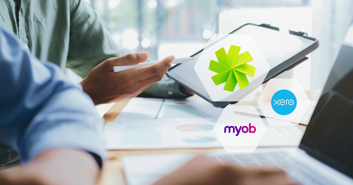 Weel expense claim software syncing with Xero and MYOB accounting platforms, shown on a tablet over paperwork