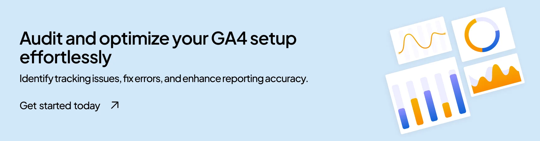 Banner with a blue background, promoting GA4 audit and optimization, featuring charts and graphs with data visualizations.