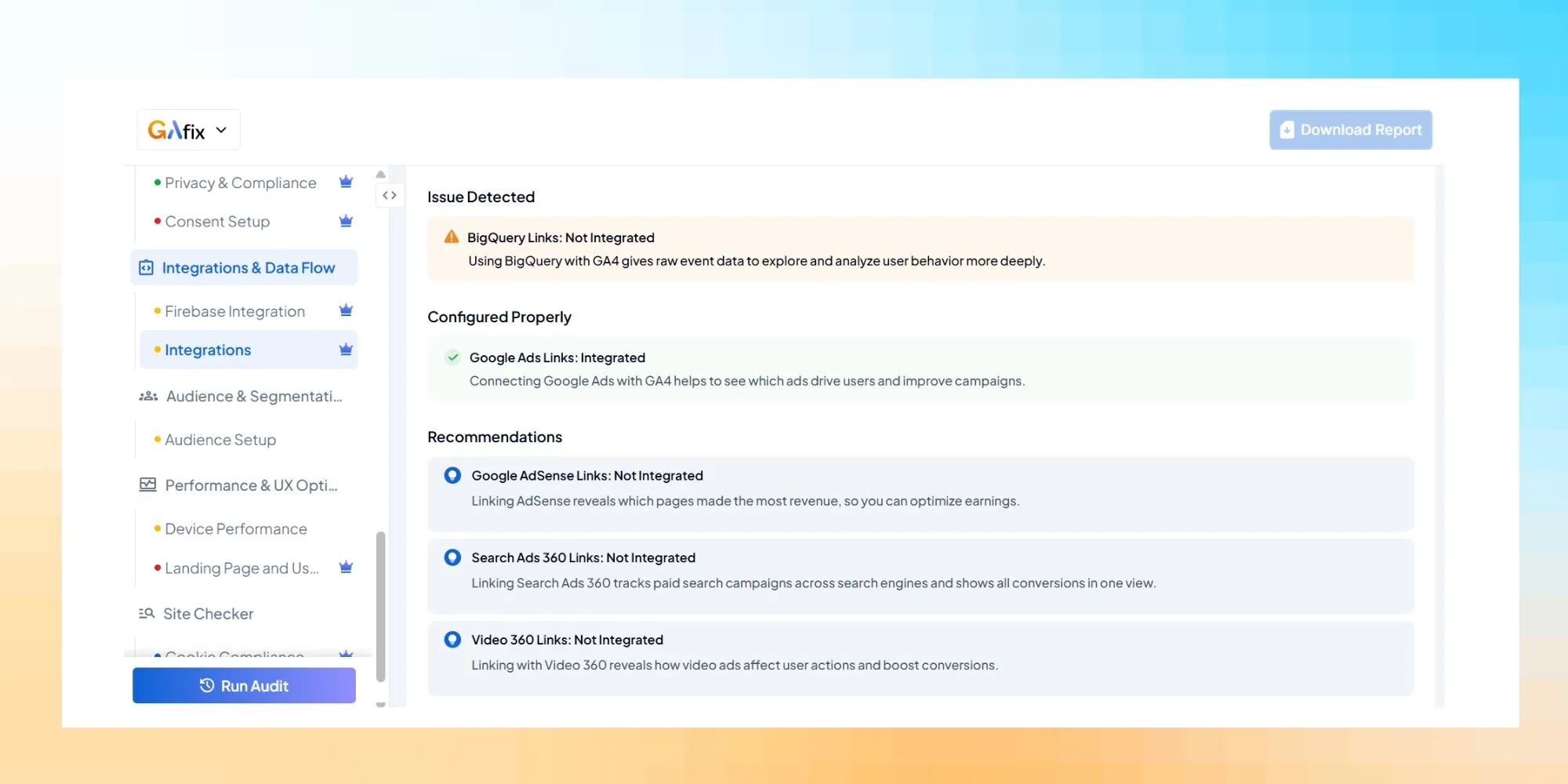 Integrations & Data Flow - GA4 audit tool