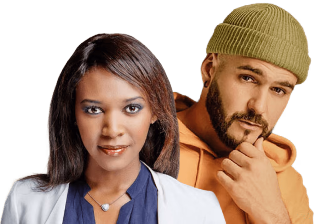 Portrait of a woman with long dark hair wearing a white jacket and a navy blue top, and a man with a beard wearing a green knit cap and orange hoodie, posing closely together.