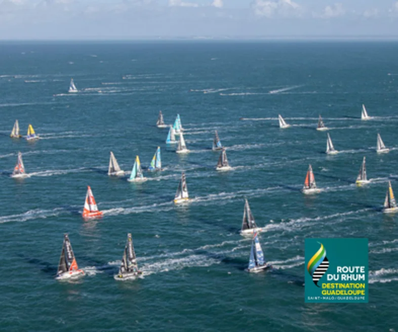 Route du Rhum Destination Guadeloupe : voiliers en mer vus du ciel