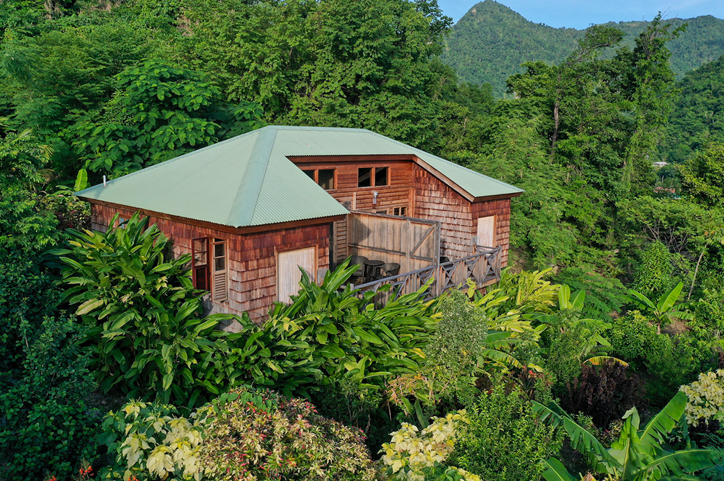 Écolodge en bois niché dans la forêt tropicale de la Dominique avec vue sur les montagnes verdoyantes
