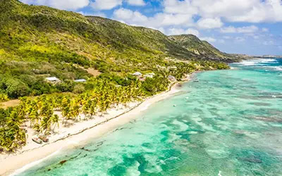 Vue aérienne de la plage et de la forêt tropicale des Caraïbes, montrant des eaux turquoise et une végétation luxuriante.
