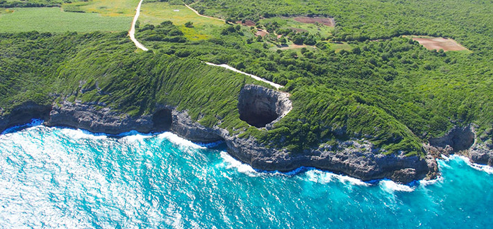 Perspective aérienne d'une grotte côtière, illustrant la rencontre entre la terre et la mer dans un cadre naturel.