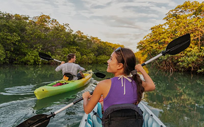 Un couple pagayant dans des kayaks sur une rivière calme, entouré de mangrove.