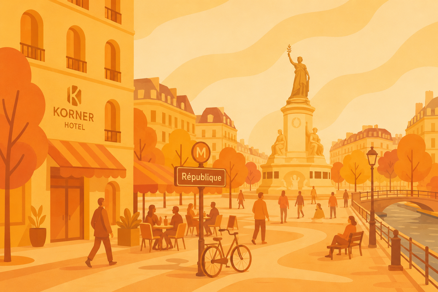 Illustration autour de République à Paris : hôtel Korner République, café de quartier, Place de la République, Canal Saint-Martin et ambiance parisienne chaleureuse.