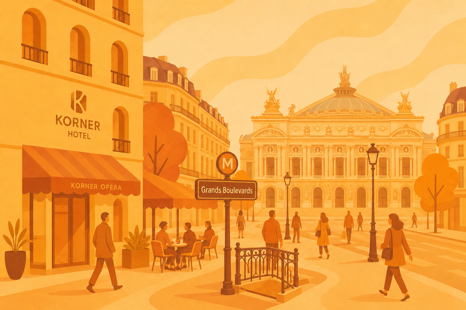 Illustration d’un quartier parisien autour du Korner Opéra, avec hôtel Korner, café, Grands Boulevards, Opéra Garnier et ambiance chaleureuse du centre de Paris.