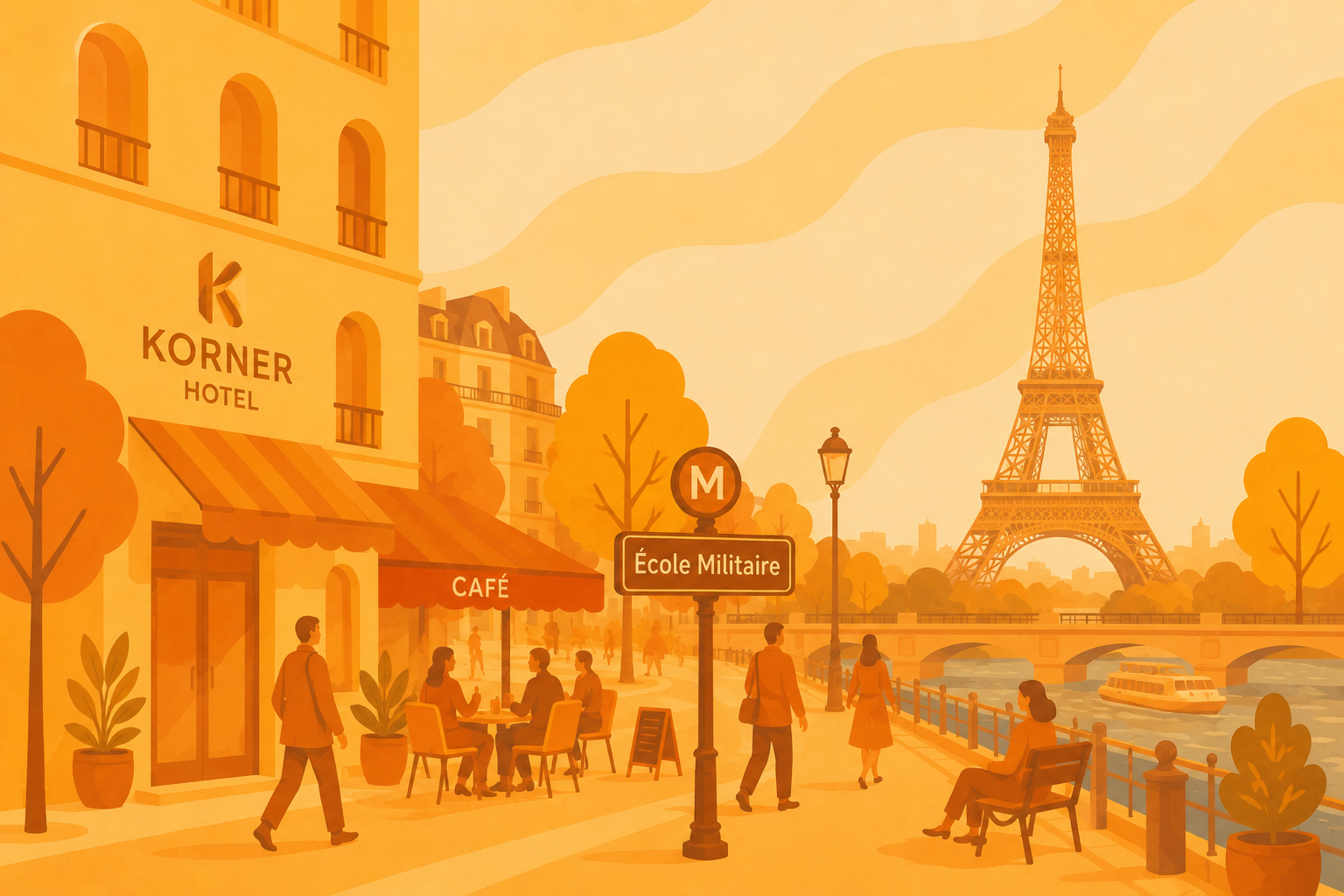 Illustration d’un quartier parisien autour du Korner Eiffel, avec hôtel Korner, café de quartier, métro École Militaire, quais de Seine et Tour Eiffel en arrière-plan.