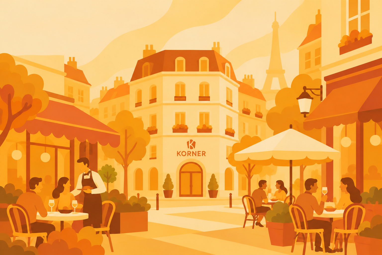 Terrasse de restaurant parisien dans un quartier proche d'un hôtel Korner