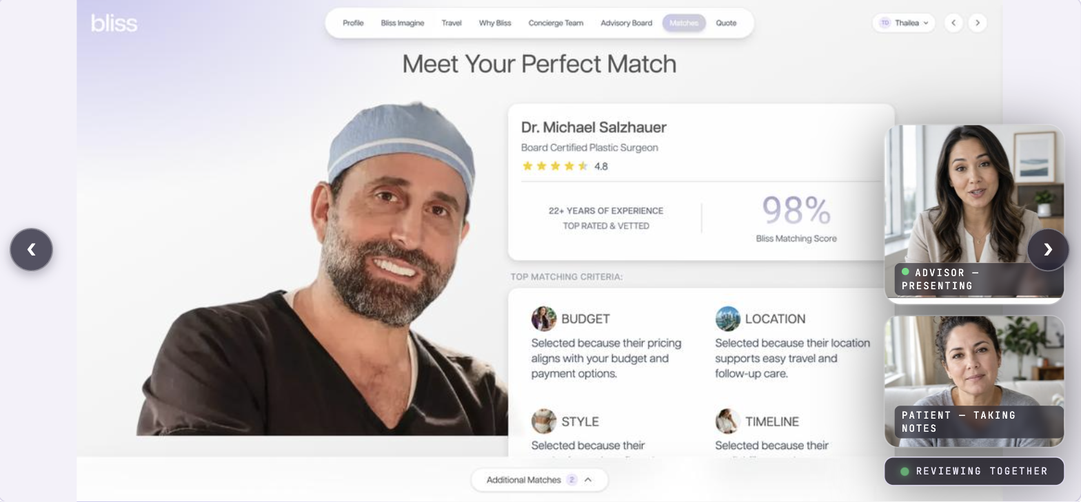Curated surgeon matching with live advisor consult