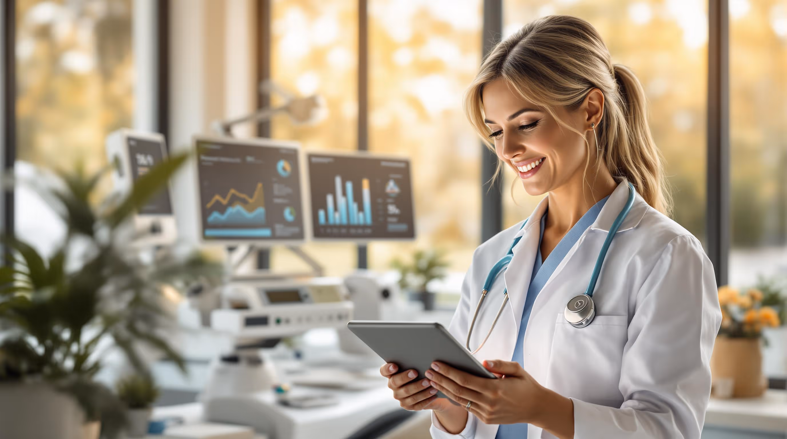 Female doctor using AI-powered patient engagement software on a tablet to track real-time health data and improve patient outcomes in a HIPAA-compliant platform.