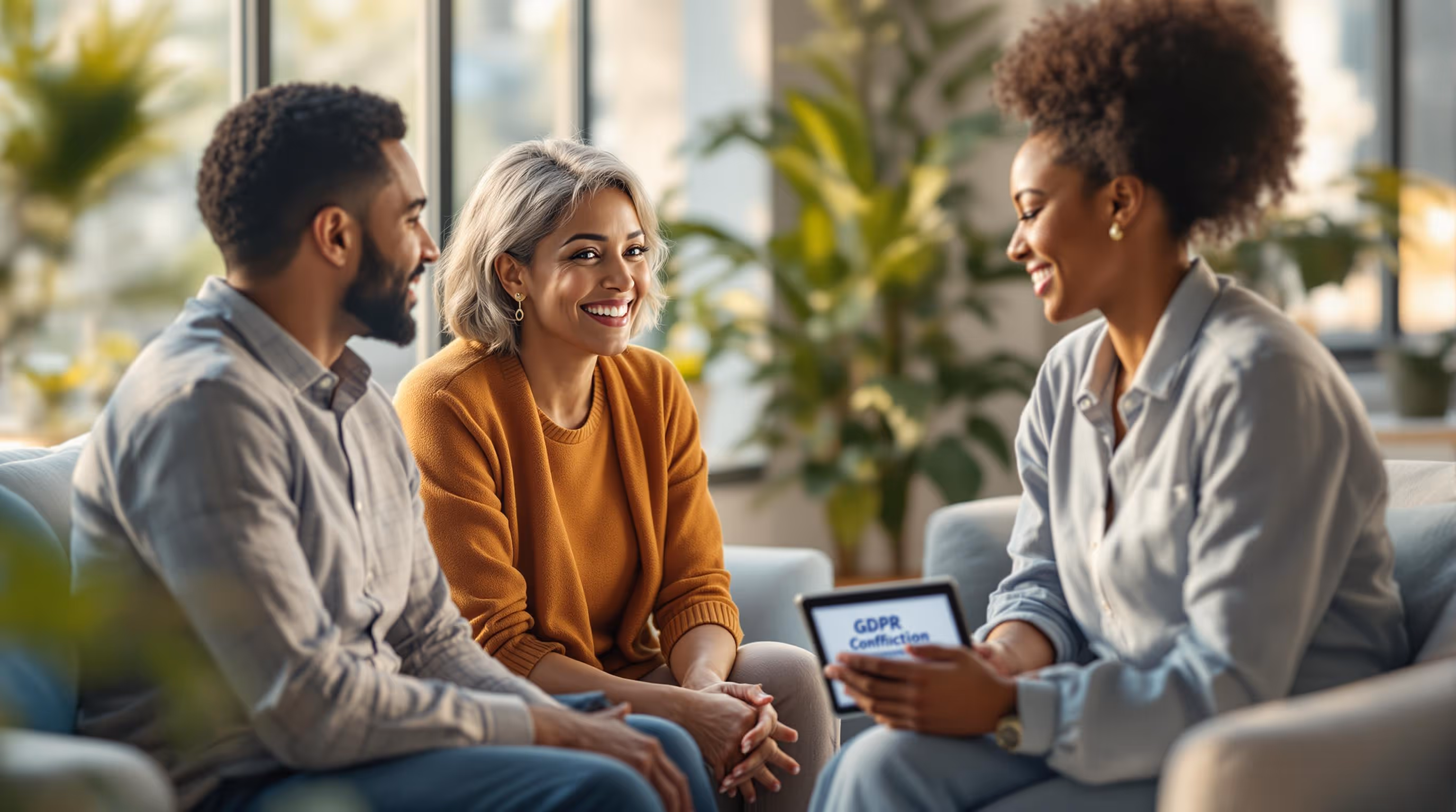 Healthcare team discussing GDPR-compliant patient support software with engaged patients, highlighting secure, AI-powered patient engagement solutions.